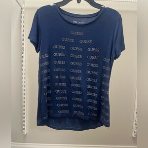 GUESS Navy Short Sleeve Tee with Repeated Smoky Topaz Rhinestone Logo
